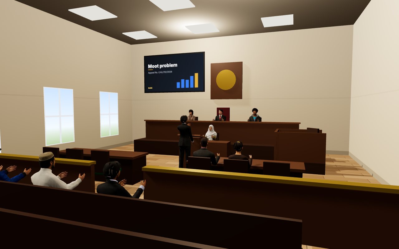 A moot court with judges on the bench and counsel at the lectern