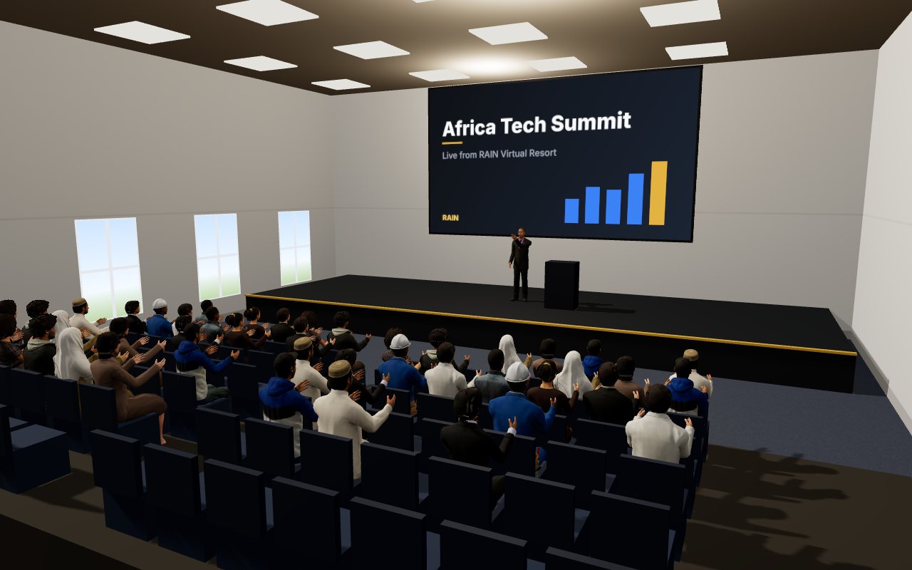 A conference hall with a speaker on stage
